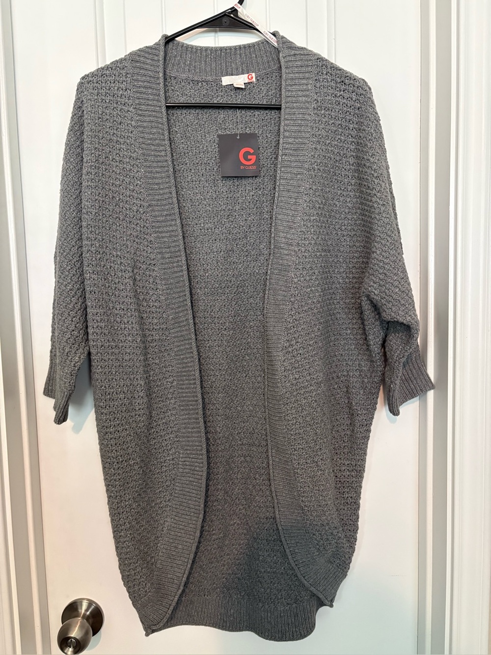 G by Guess Gray Open-Front Textured Knit Cardigan